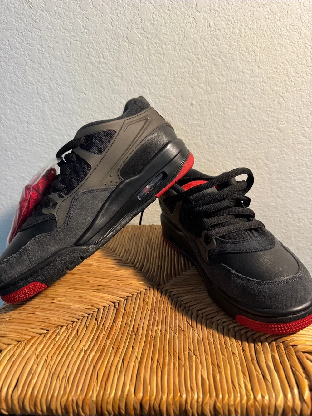 Jordan Men's Black Sneakers with Red Accents and Extra Red Laces